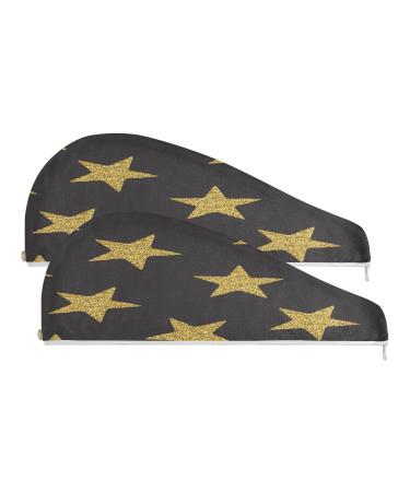 Golden Stars on Black Background Dry Hair Cap 2 Piece Quick Drying Towel Set with Button Headband Super Absorbent Soft & Comfortable