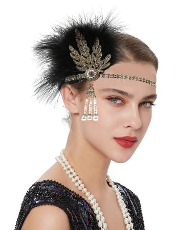 Z&X 1920s Feather Headband Gatsby Party Headpieces for Women Rhinestone 20s Roaring Hair Accessories Black Gold #010 Black Gold