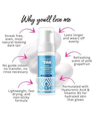 Skinny Tan Clear Self-Tanning Mousse - Fast-Drying Self Tanner with Hyaluronic Acid & Aloe Vera | Ultimate Dark Glow - 4.9 oz - Shop Internationally - Buy Online on GoSupps.com