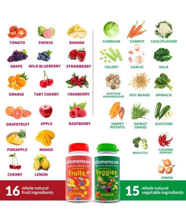 HOMERECORE Whole Food Fruits & Veggies Supplement Plant-Based Vegan Gluten-Free Soy-Free No Fillers Natural Superfoods Boost Energy & Immune System for Men & Women 90 Fruit & 90 Veggie Capsules - Buy Online on GoSupps.com