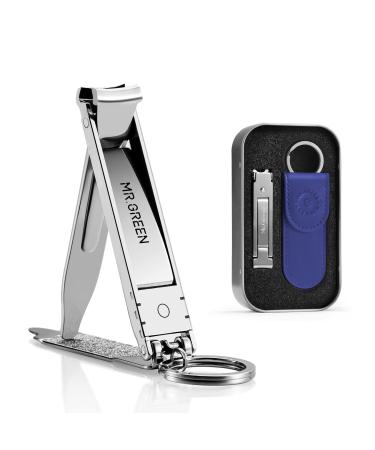 MR.GREEN Collapsible Nail Clippers Small and Thin Portable Travel Nail Scissors Cutter Stainless Steel Manicure Tools with Nail Files (Blue Leather Case+ Iron Box)