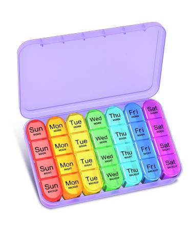 Pill Box 4 Times a Day Betife Weekly Pill Box Organisers 7 Day Tablet Organiser Daily Pill Dispenser 7 Day 4 Compartments Tablet Box for Medication Vitamins and Supplements (Purple)