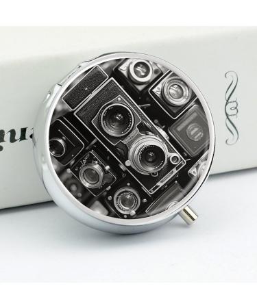 Vintage Camera Print Round Pill Box | 3 Compartment Portable Pill Organizer | Decorative Metal Pocket Case for Medicine - Buy Online on GoSupps.com