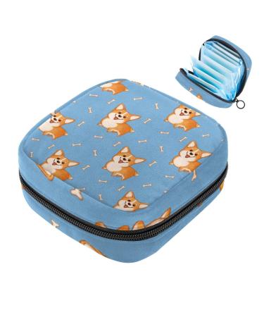 Portable women's binding-storage bags menstrual cup pocket female menstrual pads bags for teenage girls tampons for the first period small Corgi dog pattern bone blue multi-colored 08