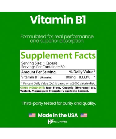 Healthfare Vitamin B1 100mg | 60 Capsules | Thiamine Supplement | Supports Overall Health | Non-GMO | Gluten Free (60 Capsules) 60 Count (Pack of 1) - Buy Online on GoSupps.com