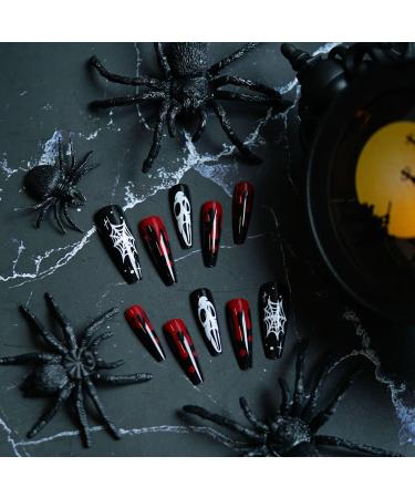 24-PCS Halloween Press on Nails Square Long Coffin Fake Nails with Skull and Blood Drop Shape Design Unique French Halloween False Nails Full Cover Artificial Nails Tips for Women and Girls Style-6 - Buy Online on GoSupps.com
