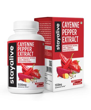 Stay Alive Cayenne Pepper 8000mg Ginger 1500mg Garlic 1500mg Turmeric 1500mg BeetRoot 3000mg Black Pepper 120 Cayenne Capsules Support Cardiovascular & Immune System Capsaicin Supplement Pills