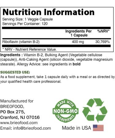 Brieofood Vitamin B2 400mg - 120 Veggie Capsules | Gluten Free & Non-GMO - Buy Online on GoSupps.com