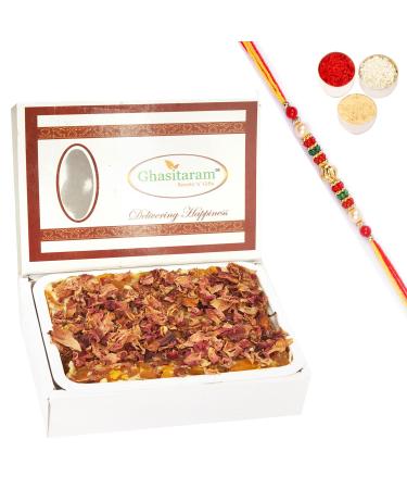 Ghasitaram Gifts Rakhi Gifts for Brothers Rakhi Sweets - Mango Chocolate Rose Petal Mithai Cake with Pearl Beads Rakhi Mango Chocolate Rose Petal Mithai Cake with Rakhi