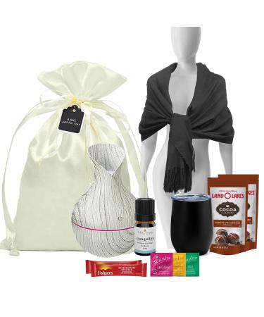 Organic Tea, Hot Cocoa, Classic Roast Coffee (13 pc) Gift Basket for Women with Essential Oil Diffuser and Pashmina Shawl Wrap - Birthday Gift Set