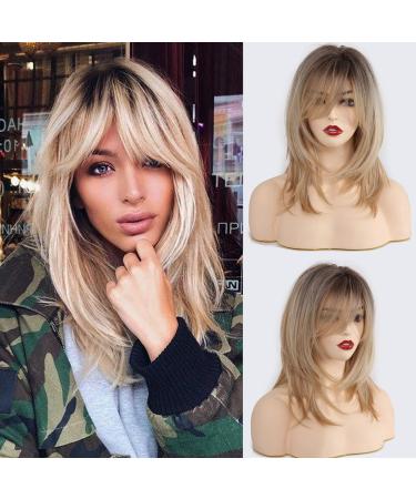 HAIRCUBE Blonde Wigs Shoulder Length Layered Wigs Long Curly Wigs for Women 18 Inch Wigs with Bangs Ombre blonde dark rooted
