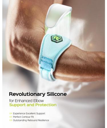 Rakiie Elbow Bandage Pro 2-Pack - Enhanced Support with Silicone Pads for Tendonal Infections & Pain Relief - Ideal for Both Men & Women - Light Blue - Buy Online on GoSupps.com