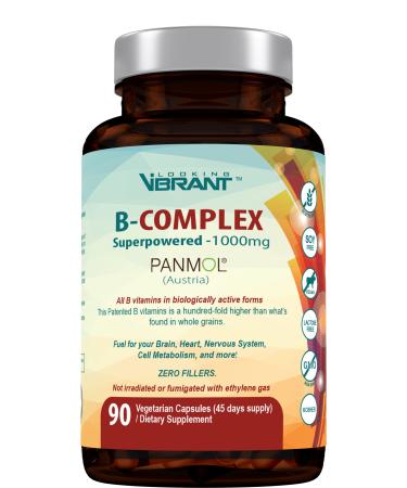 LOOKINGVIBRANT B-Complex 100% Organic Superpowered-1000mg. Patented / Imported from Austria . 45 Days Serving  with 90 Vegetarian Capsules. (Not irradiated or fumigated with Ethylene Gas.!!)