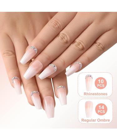 Morily 24Pcs Pink Ombre Press On Nails with Rhinestones - Long Medium Length Artificial Manicure Kit for Women and Girls - Buy Online on GoSupps.com