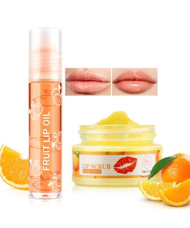 Boobeen Lip Scrub Set Sugar Lip Scrubber Exfoliator and Hydrating Lip Oil Moisturizer for Dry Cracked Peel Lips Fruit Flavoured Lip Care Delicate and Smooth 02# Orange