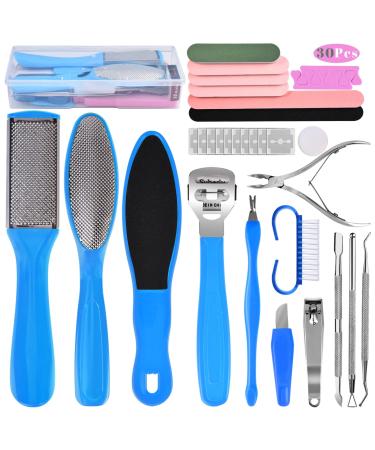 Foot File Pedicure Set 30 in 1 Foot Files Foot Care Scrubber Kit Hard Skin Remover Feet Scrub for Women Men Salon or Home(Blue)