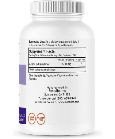 BESTVITE Acetyl L-Carnitine 500mg (240 Vegetarian Capsules) - Vegan, Non-GMO, Gluten-Free - 240 Count - Buy Online on GoSupps.com