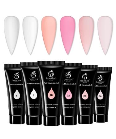 Beetles Poly Nail Extension Gel Kit, 6 Basic Colors Clear White Nail Builder Gel Pink Nude Poly Nail Enhancement French Manicure Kit Trial Nail Art Design Easy DIY Salon Nail At Home Mother's Day Gift for Women CLear White