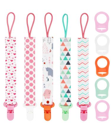 Fenfang baby pacifier chain fabric with ring 5 pieces of pacifier band baby with 5 pieces of silicone ring pacifier chains with clips young girls pacifier chain nuckel band Tandel chains (pink)