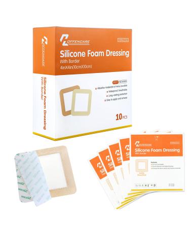 Silicone Foam Dressing, Bordered Silicone Adhesive Foam Bandage, High Absorbency Wound Care Products for Pressure Ulcer, Bedsore Wound, and Diabetic Ulcer, 4'' X 4'', 10 Pack 4'' x 4'' 10 Pack