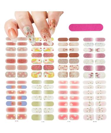 8 Sheets Gel Nail Polish Strips Stickers Spring Flowers Gloss Full Nail Wraps Stickers Self Adhesive Nail Art Decal Strips with Nail File Nail Polish Decals for Women Girls Manicure Decoration