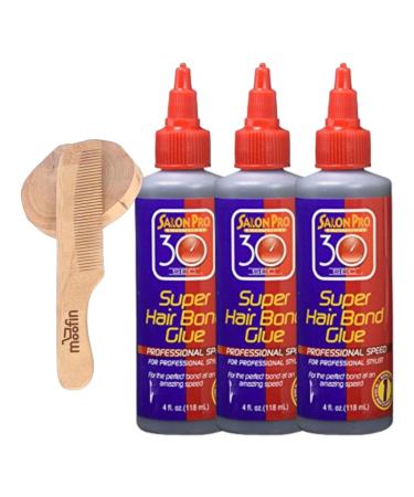 Salon Pro Salonpro 30 Second Bonding Glue Hair Supplies 4 Oz - Rapid Adhesion Strong Hold for Wig Lace Glue Eyelash Glue Versatile Application Bundle with Wooden Comb Pack of 3