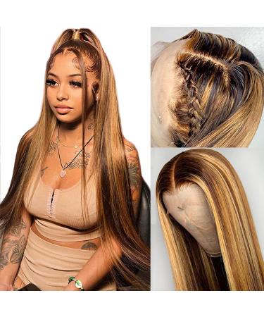 Vero Beauty Highlight Lace Front Wig Human Hair Pre Plucked 13x4 Colored 4/27 HD Lace Frontal Wigs Human Hair 180% Density Honey Blonde Lace Front Wigs Human Hair 20 Inch Ombre Straight Wig 20 Inch 13x4 Highlight Straigh...
