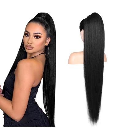 FLUFYMOOZ ponytail extension 36 Inch Long Straight Drawstring Ponytail Synthetic Hairpieces Fake Pony Tails Natural Soft Clip in Hair Extension ponytail for Women (Jet Black) 36 Inch Jet Black