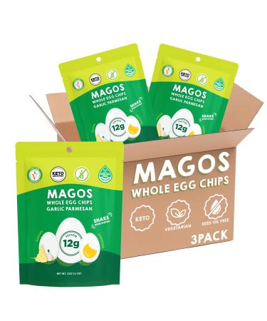 Magos Egg Chips Garlic Parmesan, Healthy Snack, High Protein Low Carb, Light Cracker-Style Crunch, 1.1 oz Bags Keto, Vegetarian & Carnivore Friendly, No Gluten Ingredients (3-Pack)