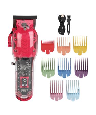 Electric Hair Trimmer Rechargeable Barber Clipper with Colorful Guided Combs LED Display Transparent Hair Cutting Tools for Home Salon (Red)