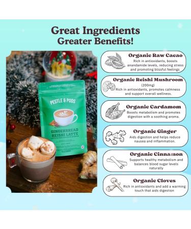 Pestle and Pods GingerBread Reishi Latte and 100% Organic Raw Cacao Reishi Mushroom Ginger Cinnamon Ingredients Coffee Alternative No Added Sugar Vegan & Calming effects from Reishi Unsweetened 23 servings - 70g - Buy Online on GoSupps.com