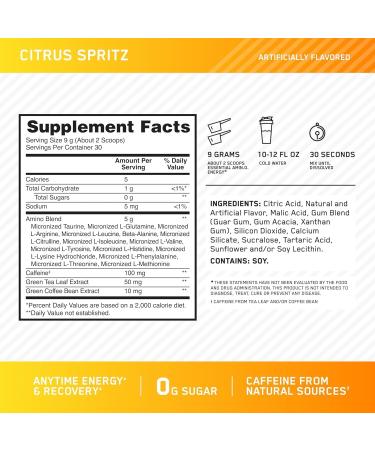 ON Essential Amino Energy | Amino Acid & Energy Formula | 5 Grams of Amino Acids 100 mg of Naturally Sourced Caffeine 5 Calories Sugar Free | 30 Servings (Citrus Spritz) Citrus-Spritz 30 Servings (Pack of 1) - Buy Online on GoSupps.com