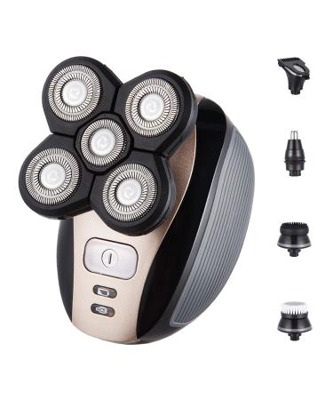 5 in1 grooming kit wet/dry Shaver Electric Razor for Men All in One Bald Hair Trimmer Beard & Nose Trimmer Facial Cleansing Brush Waterproof USB Rechargeable Gold