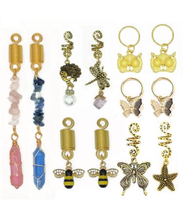 12 PCS Locs Hair Jewelry Braids Hair Clips Adjustable Hair Cuffs Vintage African Pendant Hair Charms Handmade Crystal Ancient Metal Pendant Cute Bee Owl Braid Accessories