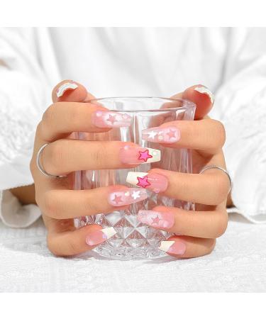 Sethexy Handmade French Long Coffin False Nails - 3D Crystal & Road Stones Press-On Acrylic Nails for Women & Girls - Buy Online on GoSupps.com