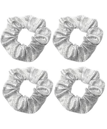 4 Pack Shiny Marble Grain Metallic Festival Christmas Hair Scrunchies Hair Eleastic Bands Scrunchy Hair Ties Ropes Ponytail Holders Wrist Bands for Girls School Dance Stage (Silver)