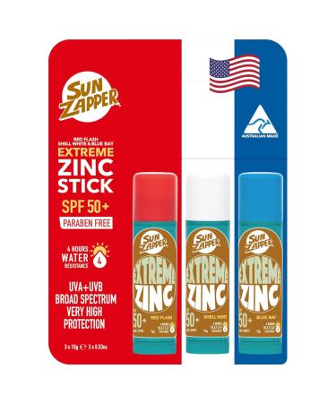Sun Zapper Extreme Sunscreen Zinc Stick - Red White Blue 3-Pack SPF50+ Colored Zinc Oxide Sticks for Face - Made in Australia