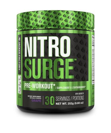 Jacked Factory NITROSURGE Pre Workout Supplement - Endless Energy  Instant Strength Gains  Clear Focus  Intense Pumps - Nitric Oxide Booster & Powerful Preworkout Energy Powder - 30 Servings  Grape Grape 30 Servings (Pac...