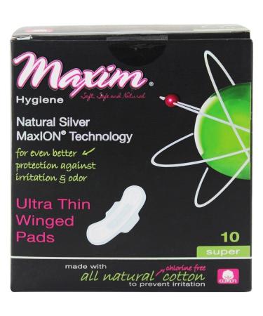 Maxim Hygiene Products Ultra Thin Winged Pads Natural Silver MaxION Technology Super 10 Pads
