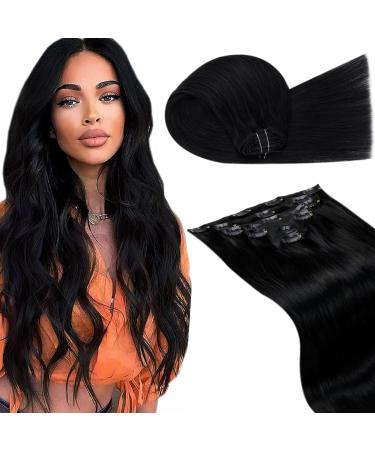 Laavoo black real hair clip extensions 45cm clips Extensions real hair remy human hair black clip in remy hair extension real hair smooth 105g #1 7 piece 45cm-105g 1.1 #1 - Buy Online on GoSupps.com