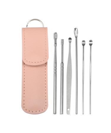 VOCOSTE 6Pcs Stainless Steel Ear Cleansing Tool Set Ear Cleaner Ear Care Set with Faux Leather Packaging Pink