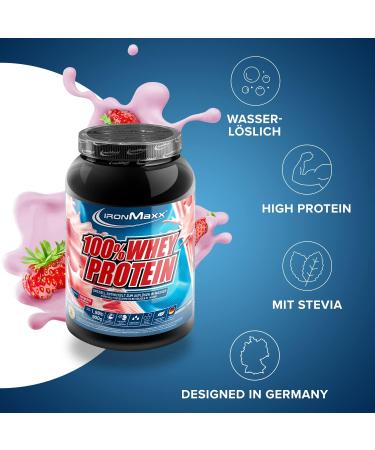 Ironmaxx 100% Whey Protein Powder - Strawberry 900g | Water-Soluble Low-Calorie Protein | Available in Multiple Flavors - Buy Online on GoSupps.com