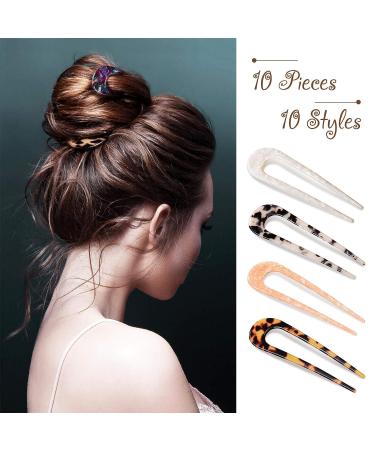 10 Pieces U Shaped Hairpin Set - Celluloid Acetate Tortoise Shell Hair Pins for Updo Hairstyles - Buy Online on GoSupps.com