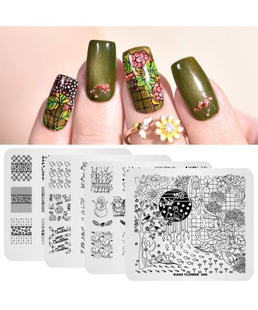 4PCS Nail Art Stamping Plates Set Christmas Flower Grid Multi-Pattern Design Stamping Image Stencil Template with 1 PC Polish Stamper 1-4p