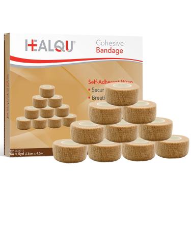 HEALQU Self Adhesive Bandage Wrap Cohesive Tape for Athletic & Sports - 1" x 5 Yard Self Adherent Medical Tape Flexible Waterproof Elastic Bandages for Wrist & Ankle Vet Wrap for Dogs (Box of 12)