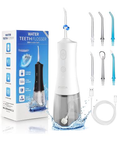 ZOZOA Cordless Water Dental Flosser, 4 Mode Oral Irrigator, Portable Rechargeable Teeth Cleaner, Ipx7 Waterproof, 6 Replacement Jet Tips, 300ml Water Pick for Teeth Cleaning Braces, Home Travel(White)