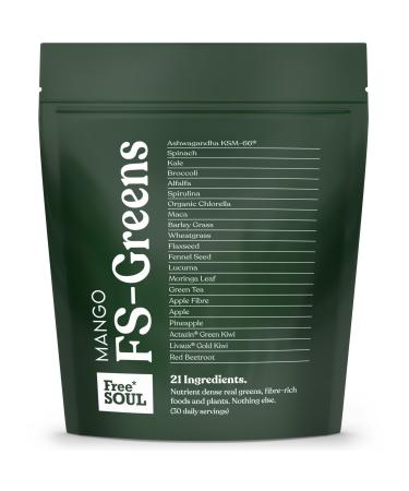 FS-Greens | 21 Advanced Greens Superfoods and Adaptogens Including KSM-66 Ashwagandha | Vegan & Gluten-Free | Advanced Formula | UK Made | Free Soul (30 Servings) (Mango)