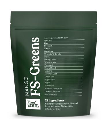FS-Greens | 21 Advanced Greens Superfoods and Adaptogens Including KSM-66 Ashwagandha | Vegan & Gluten-Free | Advanced Formula | UK Made | Free Soul (30 Servings) (Mango) - Buy Online on GoSupps.com