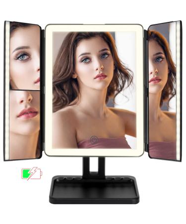 176 LED Rechargeable Makeup Mirror Lighted Magnifying, Super Bright Trifold Vanity Mirror with Lights, Lit up 2X/3X Magnification Mirror, 3 Color Setting Cordless Beauty Mirror Desk Black Black2