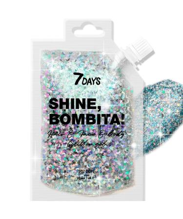 7DAYS Shine Bombita! Glitter Gel for Face Hair & Body | Sparkling Face Paint with Chunky Sequins for Party Rave Festival & Halloween | Quick-Drying No Glue Holographic Makeup | Silver 90ml DOPE
